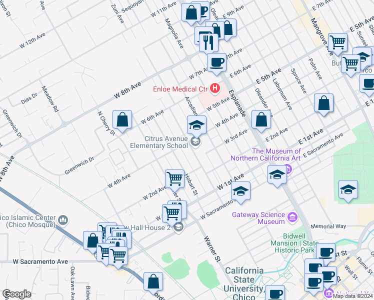 map of restaurants, bars, coffee shops, grocery stores, and more near 1261A Citrus Avenue in Chico