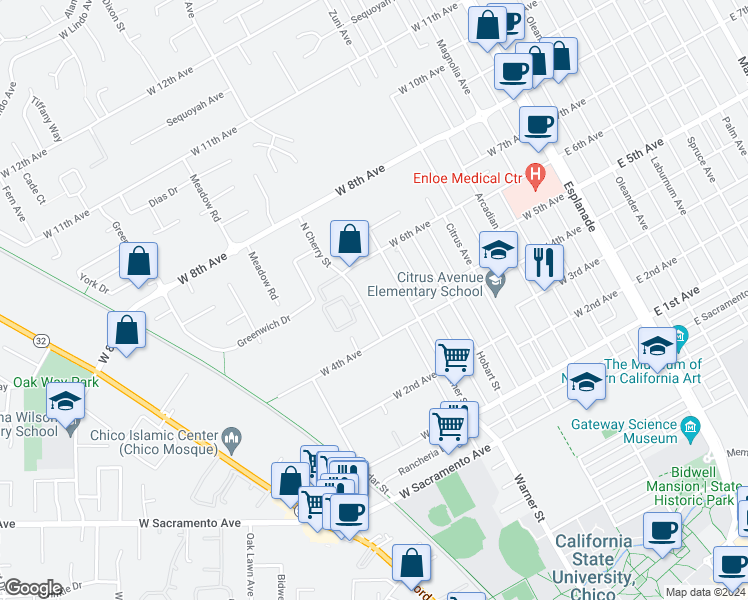 map of restaurants, bars, coffee shops, grocery stores, and more near 1412 North Cherry Street in Chico