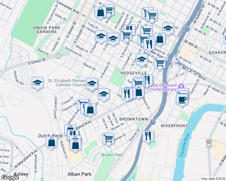 map of restaurants, bars, coffee shops, grocery stores, and more near 810 South Broom Street in Wilmington