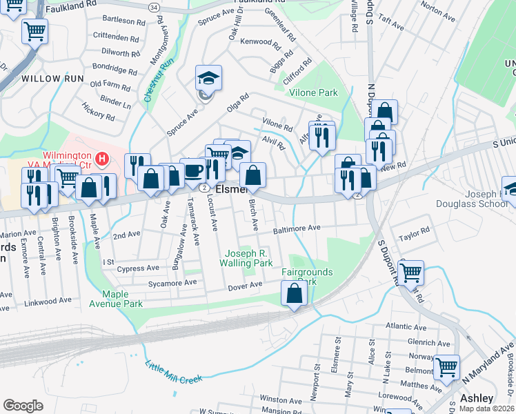 map of restaurants, bars, coffee shops, grocery stores, and more near 129 Birch Avenue in Wilmington
