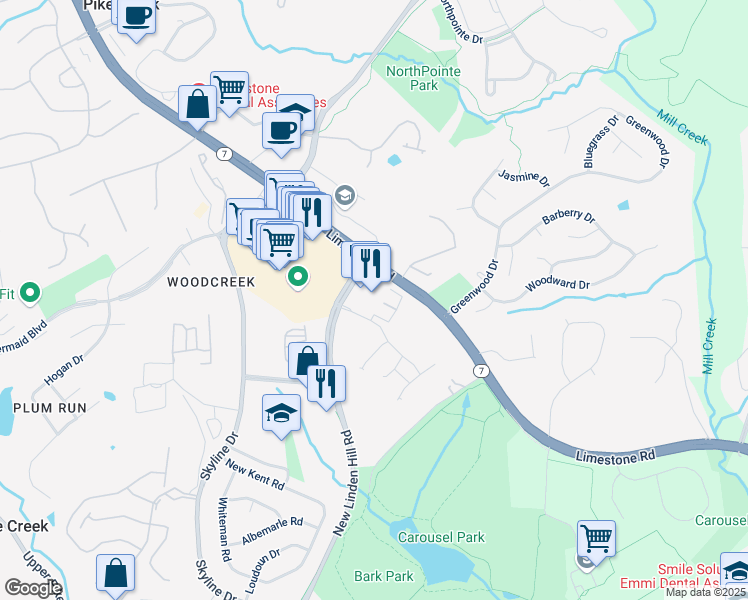 map of restaurants, bars, coffee shops, grocery stores, and more near 4500 New Linden Hill Road in Wilmington