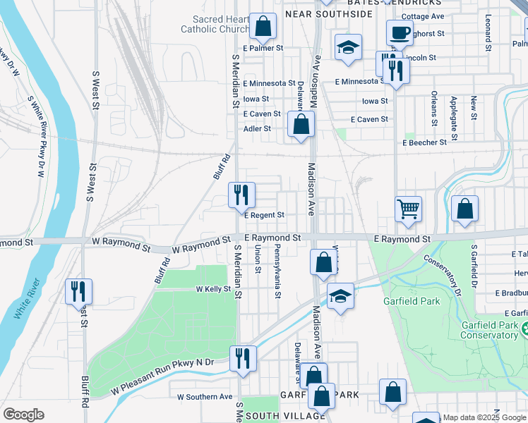 map of restaurants, bars, coffee shops, grocery stores, and more near 65 East Regent Street in Indianapolis