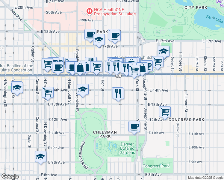 map of restaurants, bars, coffee shops, grocery stores, and more near 1402 Race Street in Denver