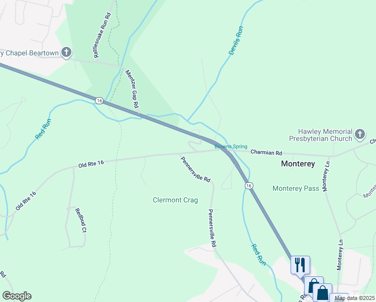 map of restaurants, bars, coffee shops, grocery stores, and more near 16 Old Mill Road in Waynesboro