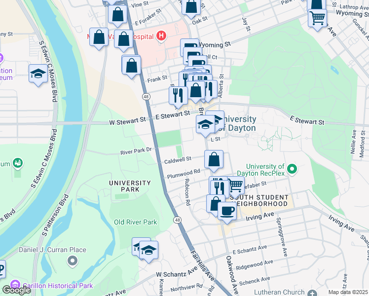 map of restaurants, bars, coffee shops, grocery stores, and more near 1529 Brown Street in Dayton