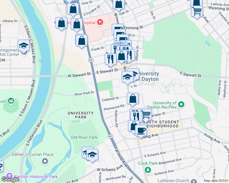 map of restaurants, bars, coffee shops, grocery stores, and more near 1529 Brown Street in Dayton
