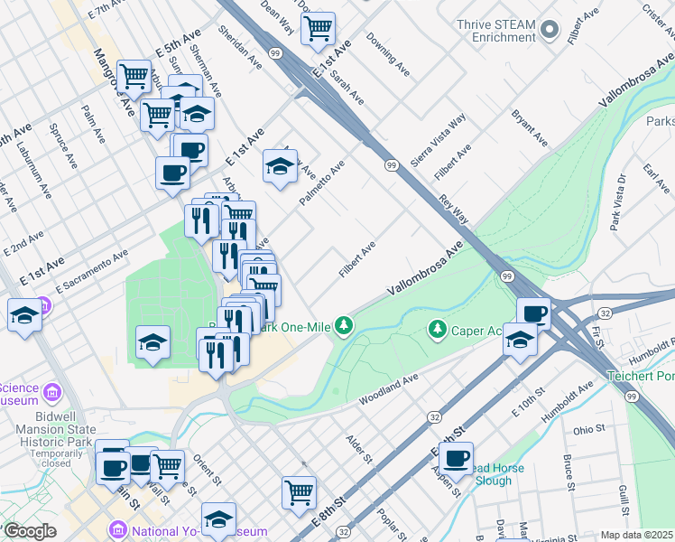 map of restaurants, bars, coffee shops, grocery stores, and more near 794 Filbert Avenue in Chico