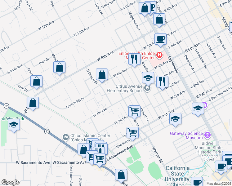 map of restaurants, bars, coffee shops, grocery stores, and more near 1412 North Cherry Street in Chico