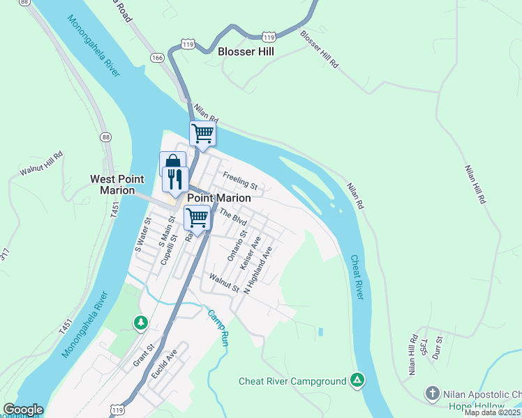 map of restaurants, bars, coffee shops, grocery stores, and more near 210 Prospect Street in Point Marion