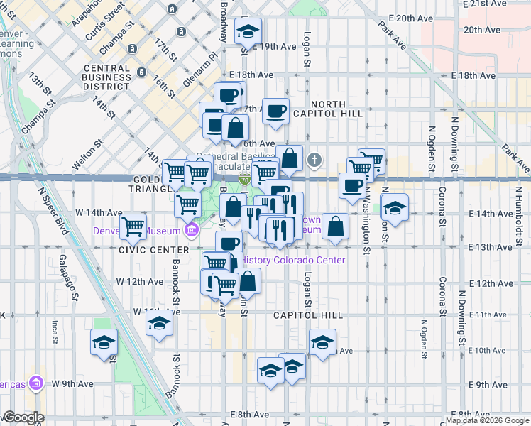 map of restaurants, bars, coffee shops, grocery stores, and more near in Denver