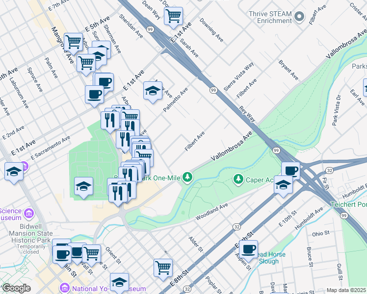 map of restaurants, bars, coffee shops, grocery stores, and more near 794 Filbert Avenue in Chico