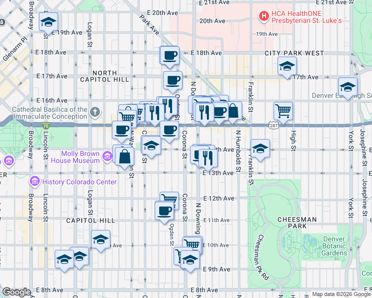 map of restaurants, bars, coffee shops, grocery stores, and more near 1365 Corona Street in Denver