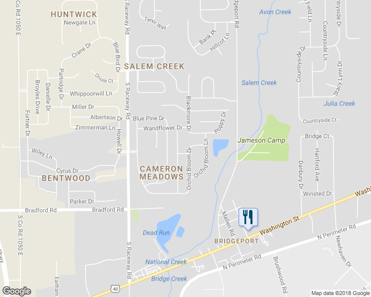 map of restaurants, bars, coffee shops, grocery stores, and more near 1916 Orchid Bloom Drive in Indianapolis