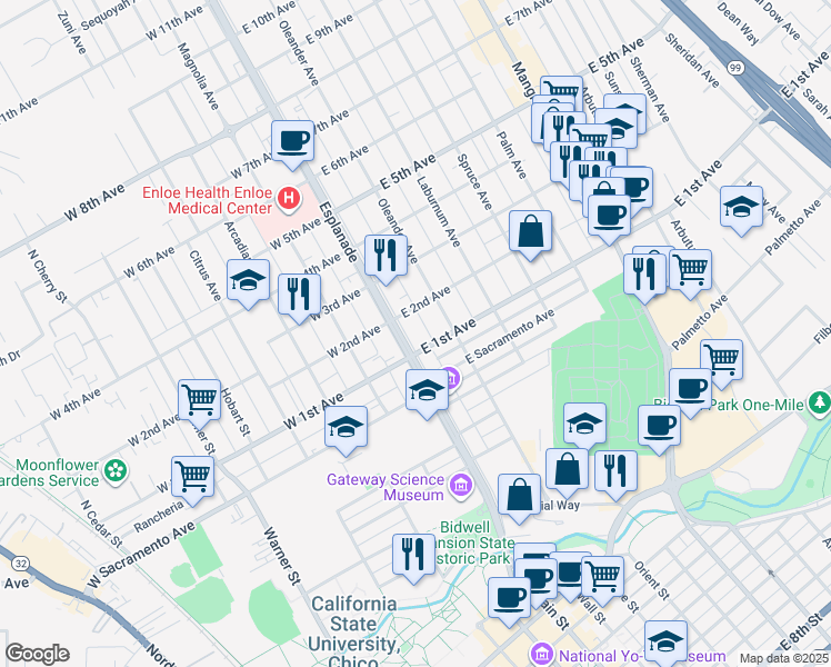 map of restaurants, bars, coffee shops, grocery stores, and more near 1120 Esplanade in Chico