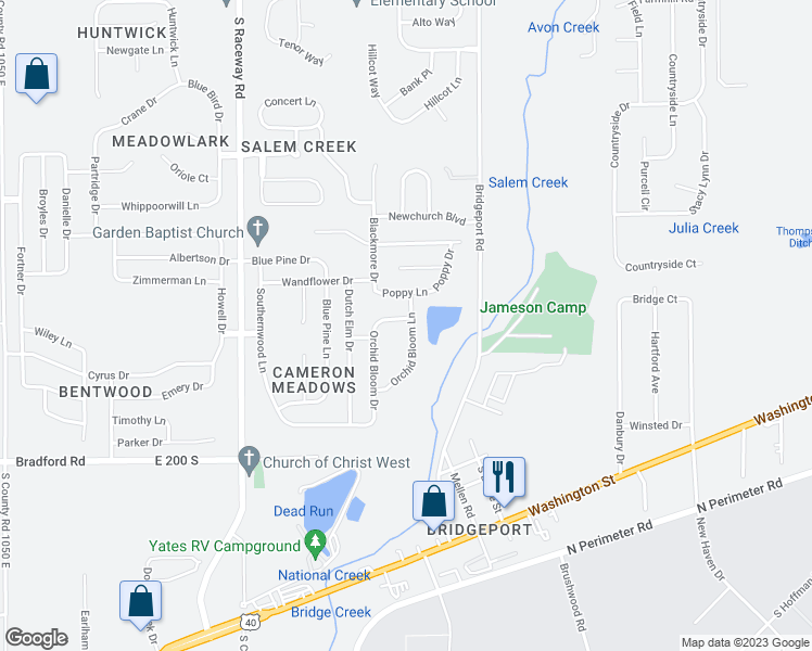 map of restaurants, bars, coffee shops, grocery stores, and more near 1918 Orchid Bloom Lane in Indianapolis