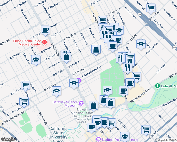 map of restaurants, bars, coffee shops, grocery stores, and more near 291 East Sacramento Avenue in Chico
