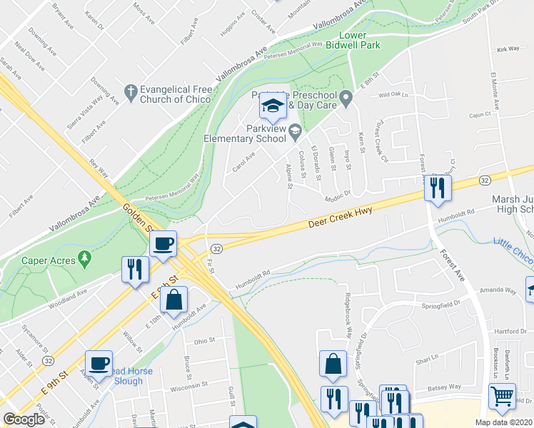 map of restaurants, bars, coffee shops, grocery stores, and more near 130 Secluded Oaks Court in Chico