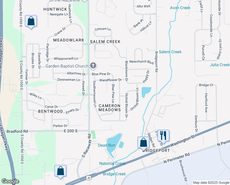 map of restaurants, bars, coffee shops, grocery stores, and more near 1909 Blue Pine Lane in Indianapolis