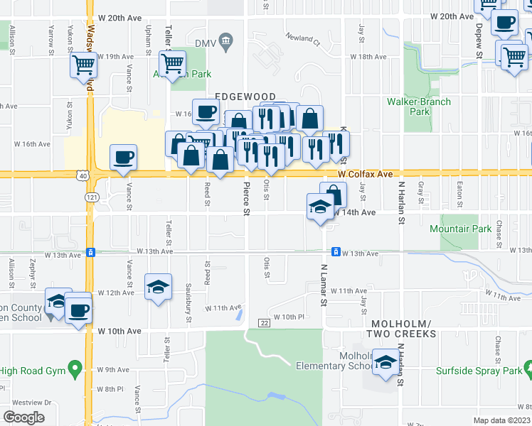 map of restaurants, bars, coffee shops, grocery stores, and more near 6698 West 14th Avenue in Lakewood