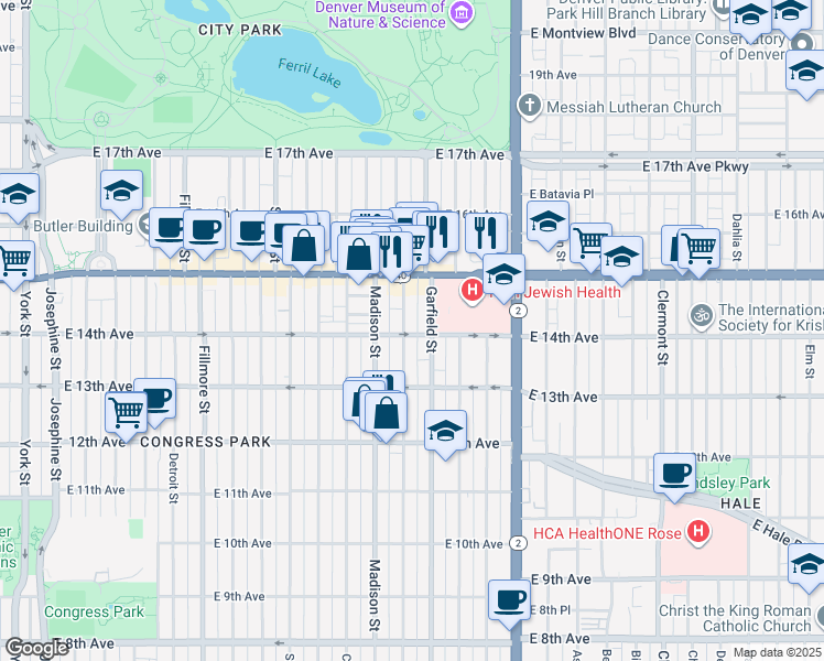 map of restaurants, bars, coffee shops, grocery stores, and more near 1370 Monroe Street in Denver