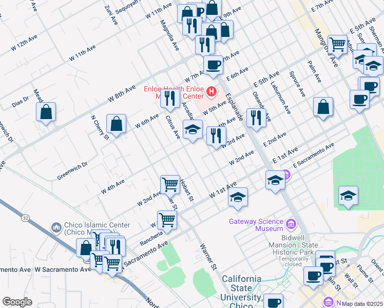 map of restaurants, bars, coffee shops, grocery stores, and more near 1350 Citrus Avenue in Chico