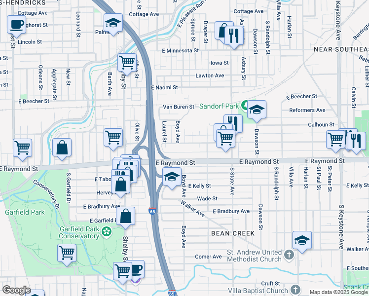 map of restaurants, bars, coffee shops, grocery stores, and more near 1450 East Raymond Street in Indianapolis