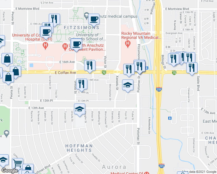 map of restaurants, bars, coffee shops, grocery stores, and more near 1352 Worchester Street in Aurora