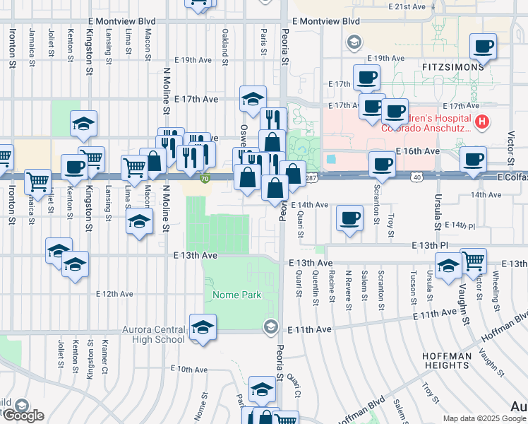 map of restaurants, bars, coffee shops, grocery stores, and more near 12005 East 13th Avenue in Aurora