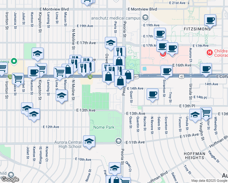map of restaurants, bars, coffee shops, grocery stores, and more near 12005 East 13th Avenue in Aurora