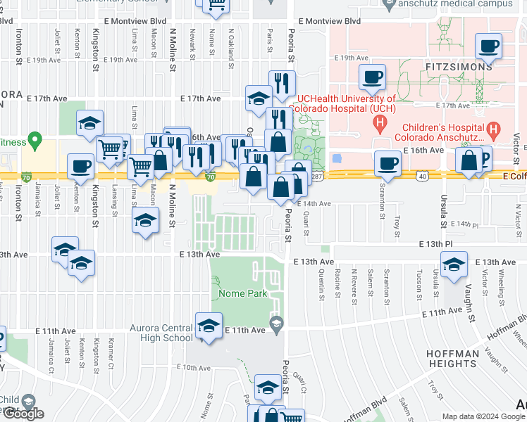 map of restaurants, bars, coffee shops, grocery stores, and more near 12005 East 13th Avenue in Aurora