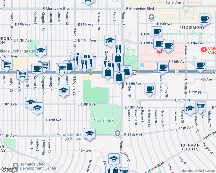 map of restaurants, bars, coffee shops, grocery stores, and more near 12005 East 13th Avenue in Aurora