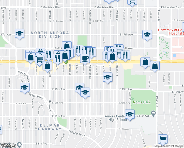 map of restaurants, bars, coffee shops, grocery stores, and more near 1381 Kingston Street in Aurora