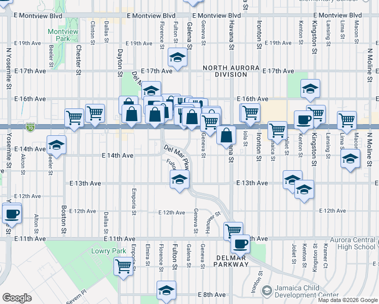 map of restaurants, bars, coffee shops, grocery stores, and more near 1349 Del Mar Parkway in Aurora