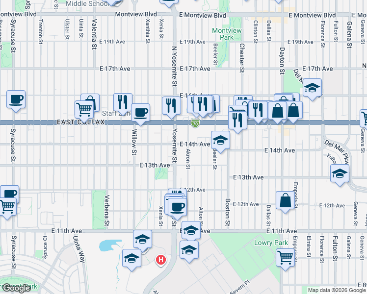 map of restaurants, bars, coffee shops, grocery stores, and more near 1388 Yosemite Street in Denver