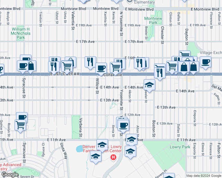 map of restaurants, bars, coffee shops, grocery stores, and more near 1270 Xenia Street in Denver