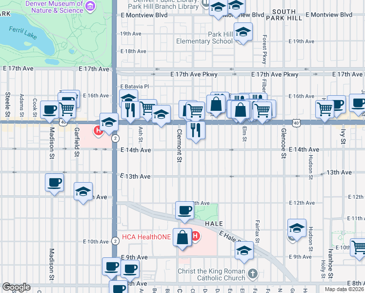 map of restaurants, bars, coffee shops, grocery stores, and more near 1400 Clermont Street in Denver