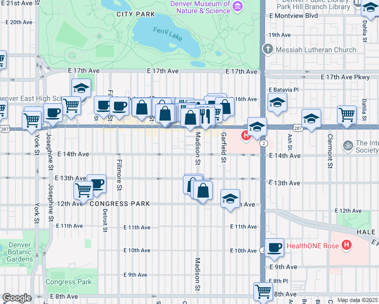map of restaurants, bars, coffee shops, grocery stores, and more near 1357 Cook Street in Denver