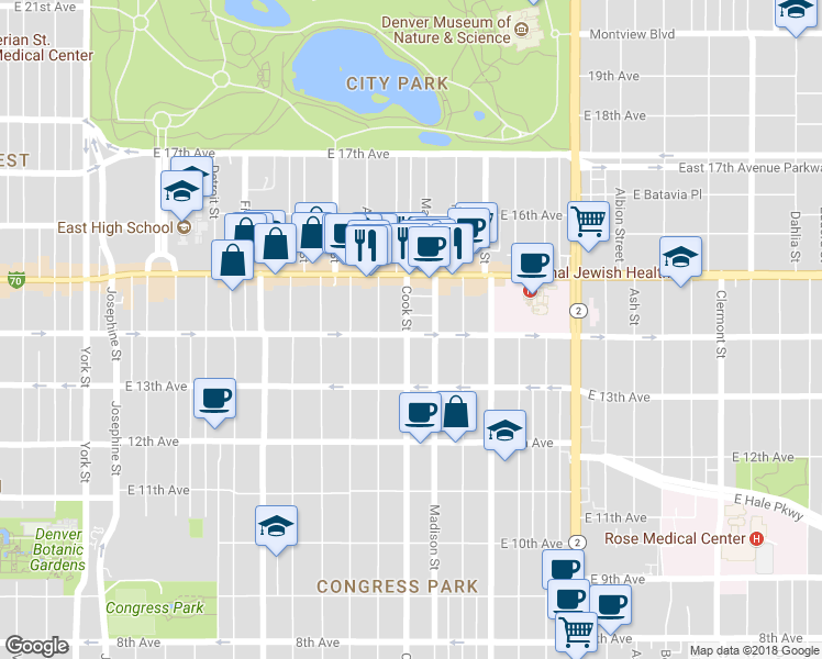 map of restaurants, bars, coffee shops, grocery stores, and more near 1357 Cook Street in Denver