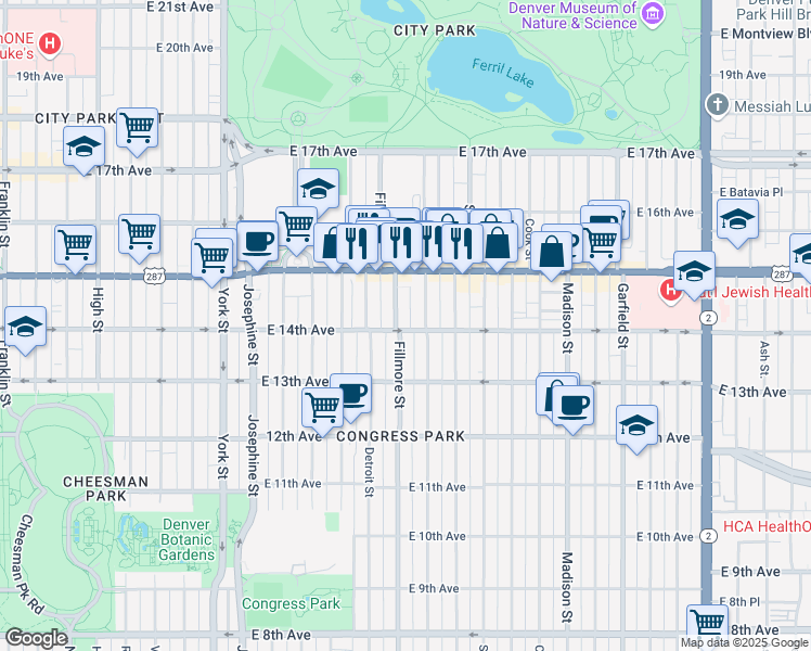 map of restaurants, bars, coffee shops, grocery stores, and more near 1363 Milwaukee Street in Denver