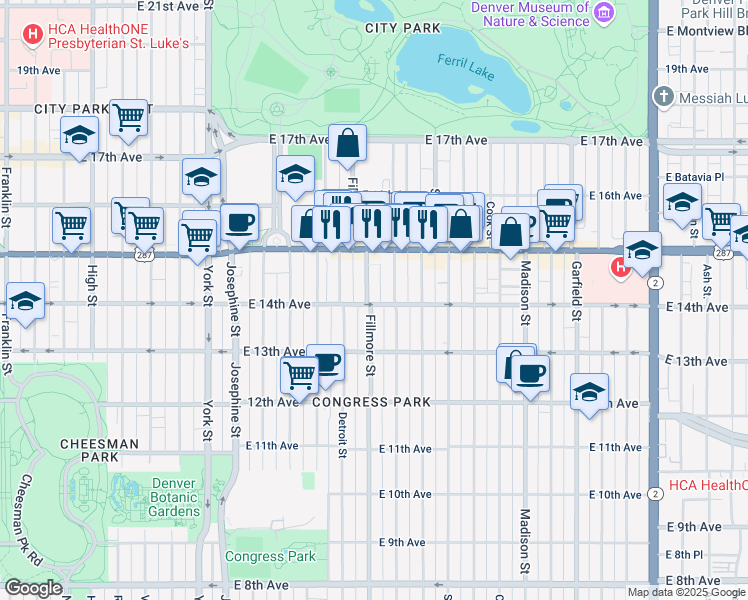 map of restaurants, bars, coffee shops, grocery stores, and more near 1363 Milwaukee Street in Denver