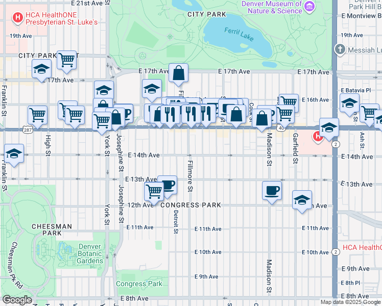 map of restaurants, bars, coffee shops, grocery stores, and more near in Denver