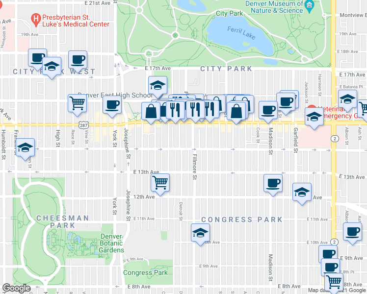 map of restaurants, bars, coffee shops, grocery stores, and more near in Denver