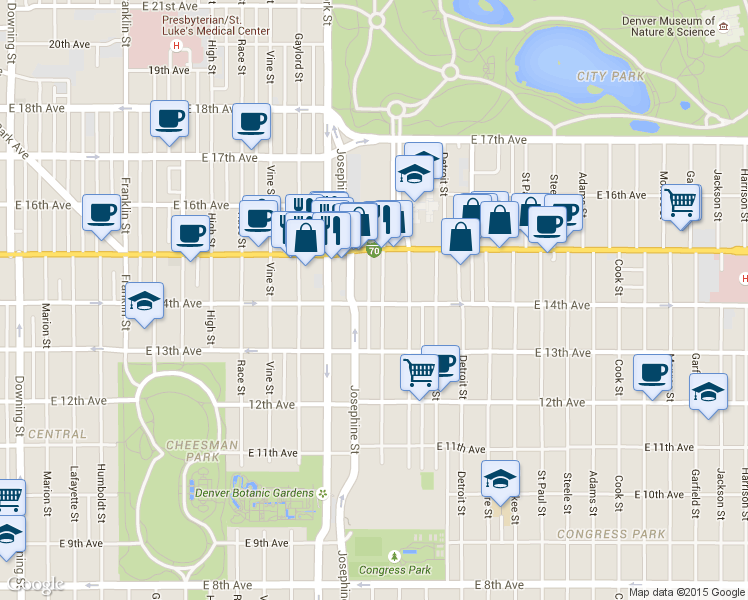 map of restaurants, bars, coffee shops, grocery stores, and more near 1369 Columbine Street in Denver