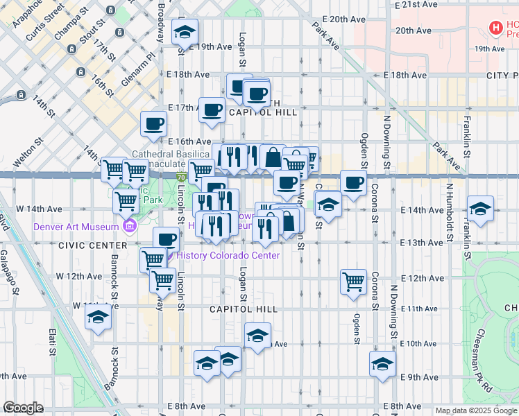 map of restaurants, bars, coffee shops, grocery stores, and more near 1390 Logan Street in Denver