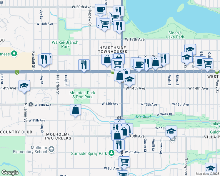 map of restaurants, bars, coffee shops, grocery stores, and more near 1390 Benton Street in Lakewood