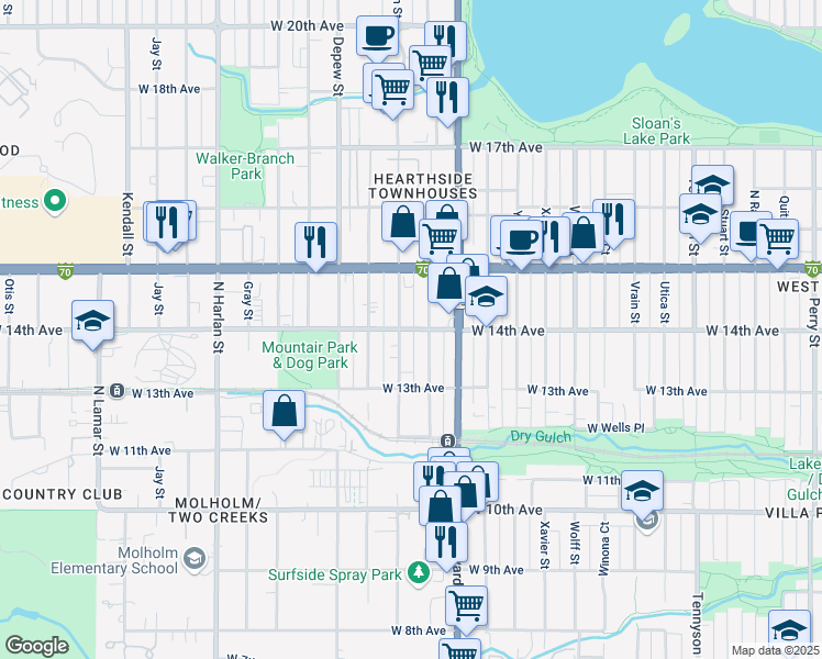 map of restaurants, bars, coffee shops, grocery stores, and more near 1390 Benton Street in Lakewood
