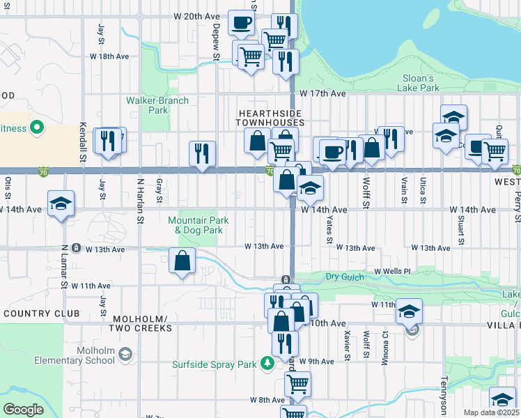 map of restaurants, bars, coffee shops, grocery stores, and more near 1390 Benton Street in Lakewood