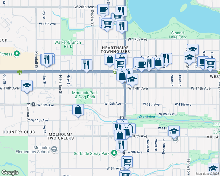 map of restaurants, bars, coffee shops, grocery stores, and more near 1390 Benton Street in Lakewood