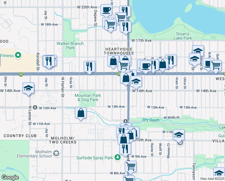 map of restaurants, bars, coffee shops, grocery stores, and more near 1390 Benton Street in Lakewood