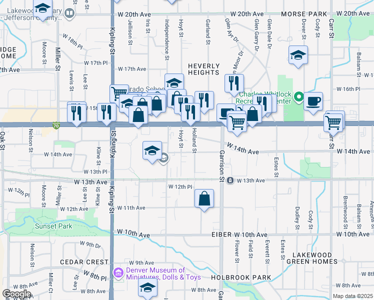 map of restaurants, bars, coffee shops, grocery stores, and more near 1390 Hoyt Street in Lakewood